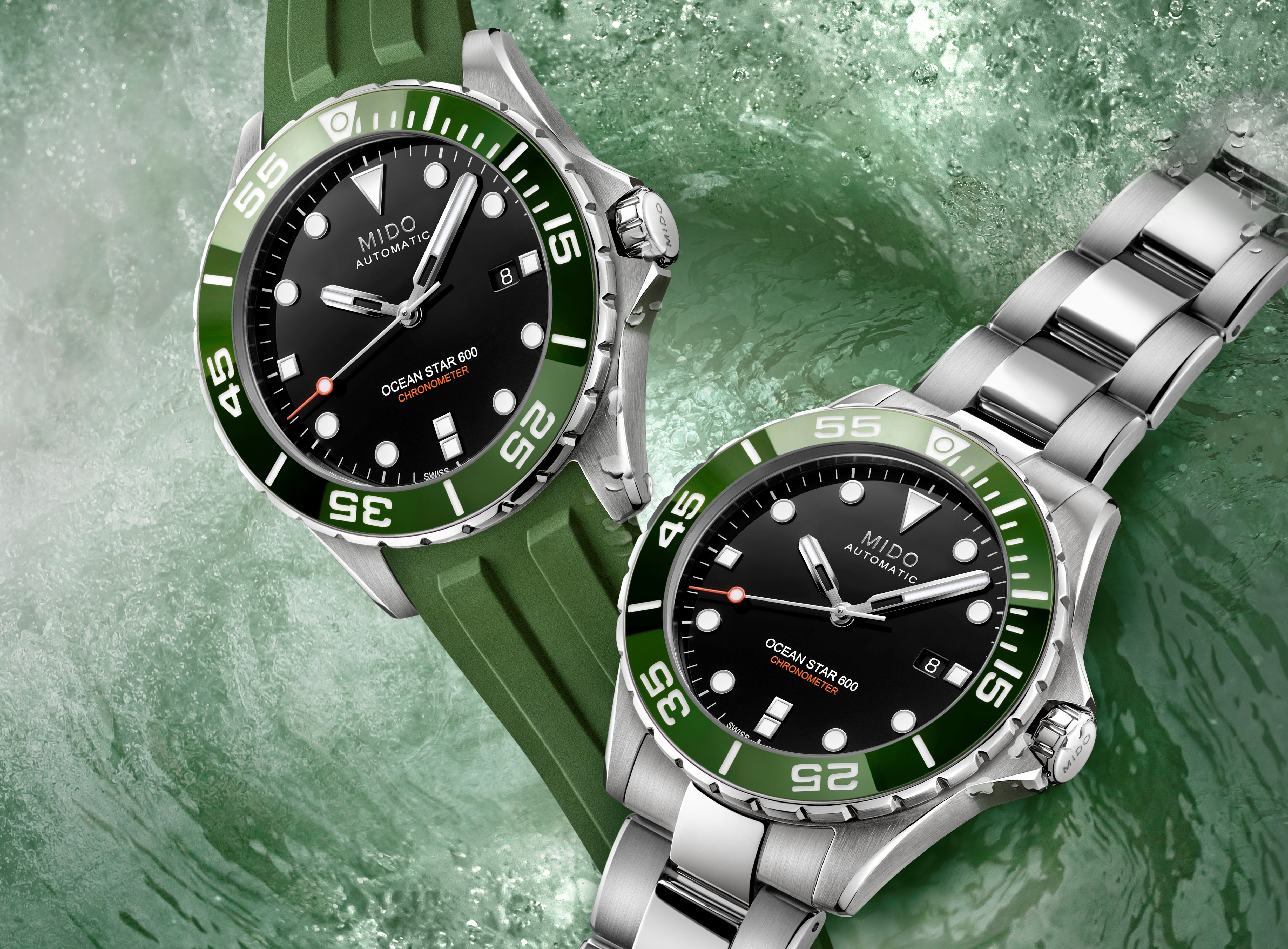 Mido Ocean Star 600 C in grün mit beiden Armbandvarianten nebeneinander abgebildet