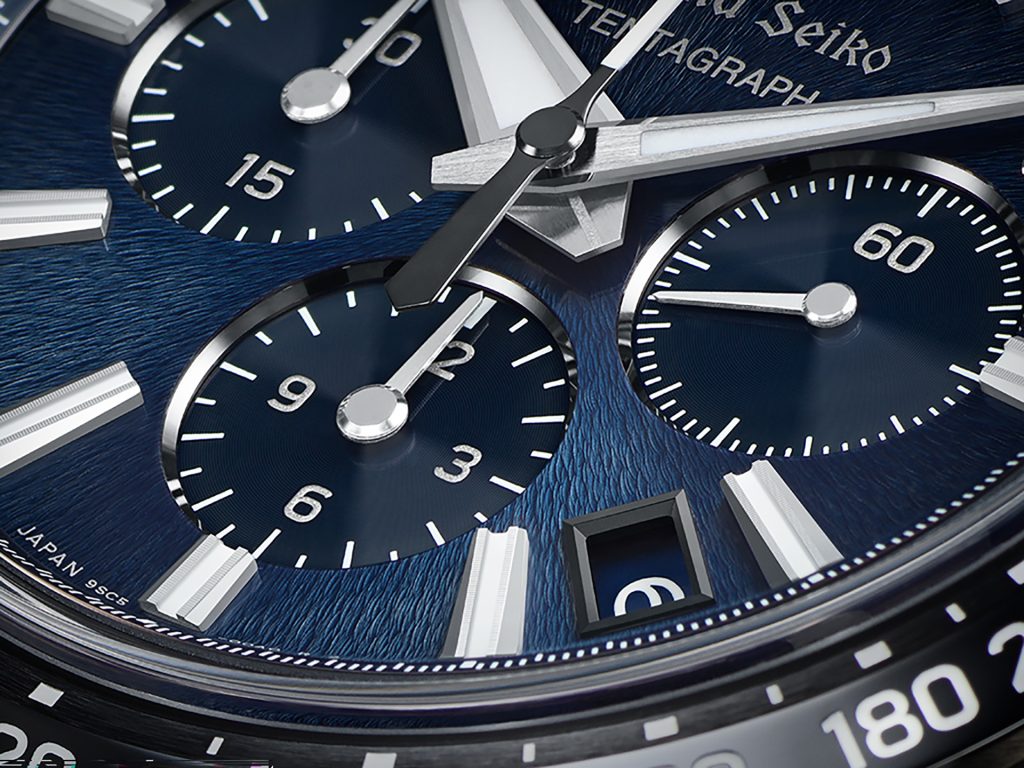 Nahaufnahme des blauen Zifferblattes der Grand Seiko Tentagraph