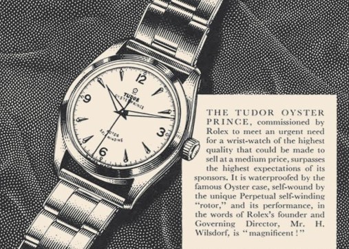 Eine schwarzweiß Werbeanzeige für die 1952 vorgestellte Tudor Oyster Prince