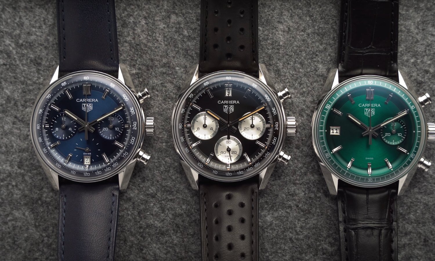 3 Modelle der TAG Heuer Carrera Glassbox nebeneinander liegend vor grauem Hintergrund