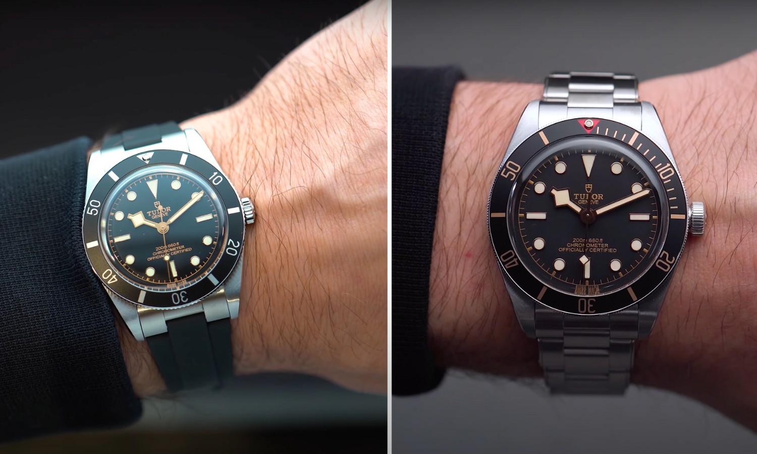 Wristshots der Tudor Black Bay 54 am Kautschukband links und der Tudor Black Bay 58 am Edelstahlband rechts