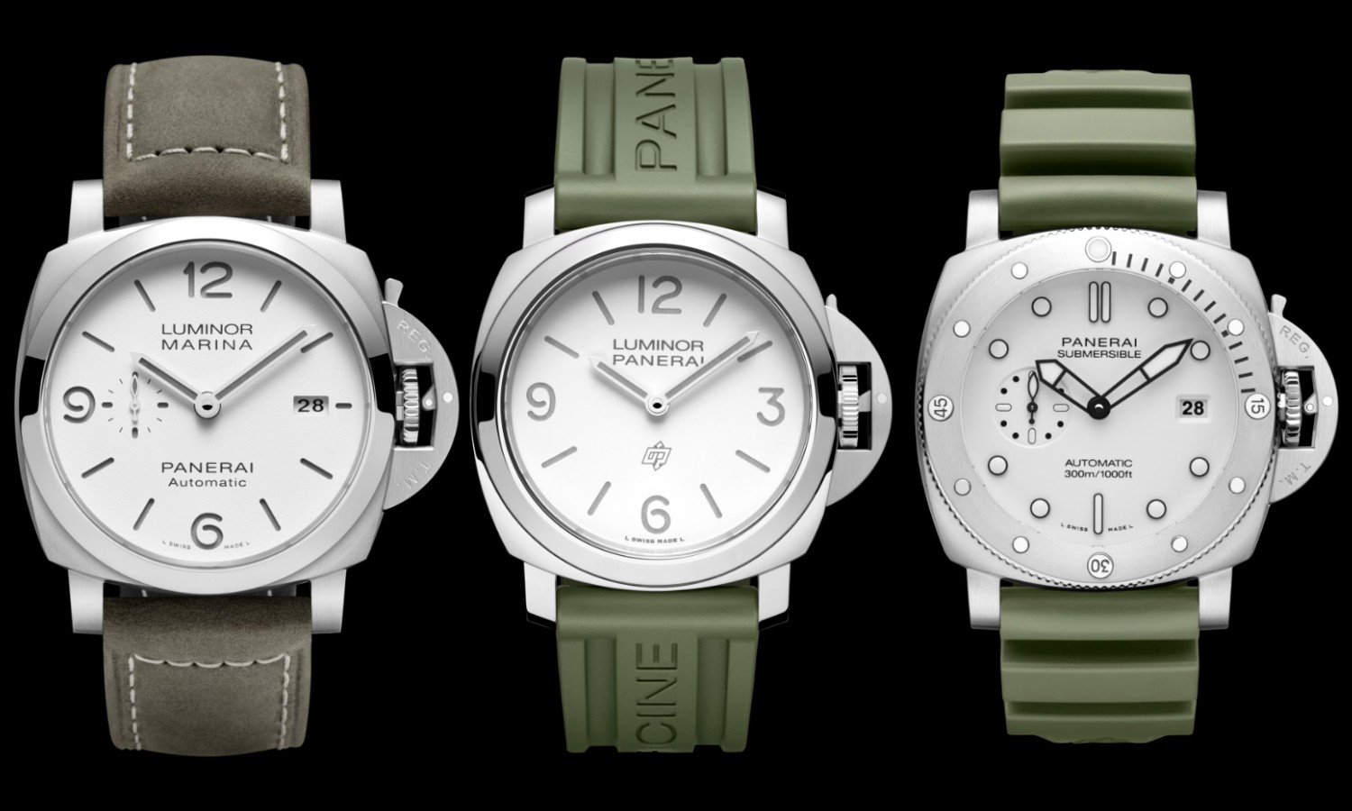 Drei Panerai Uhren nebeneinander mit verschiedenen Armbandmaterialien vor schwarzem Hintergrund