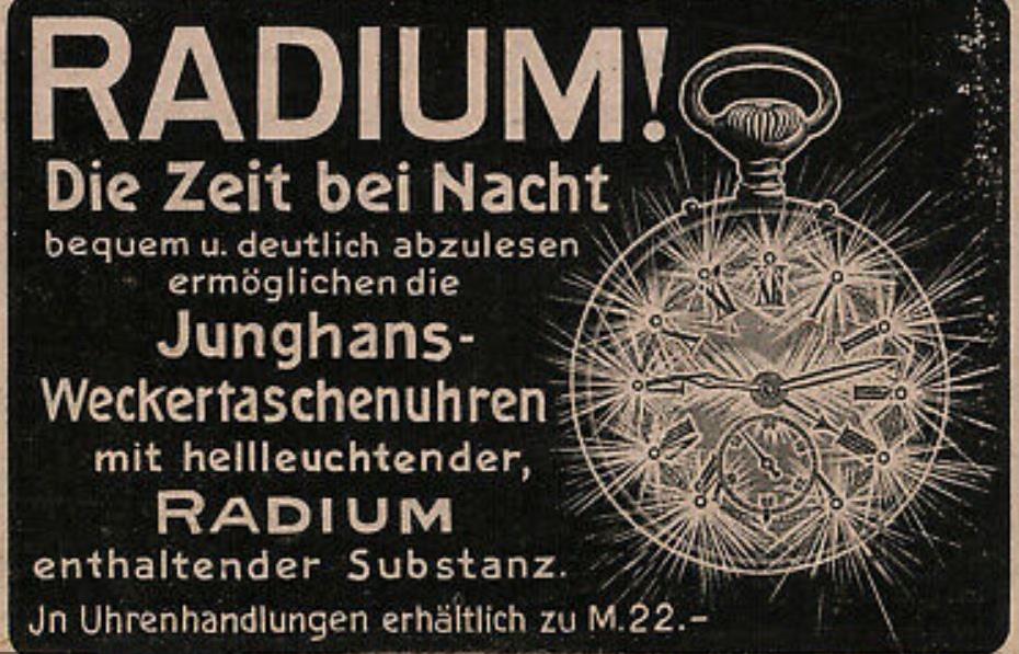 Werbung für eine Taschenuhr mit Radium-Leuchtmasse.