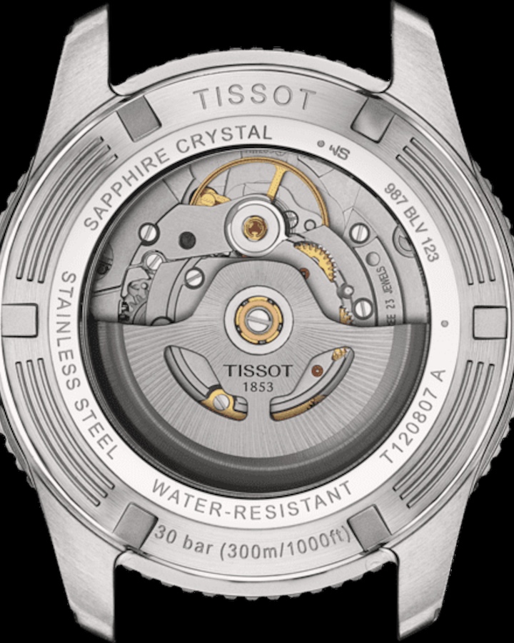 Tissot Powermatic 80 Kaliber auf schwarzem Hintergrund