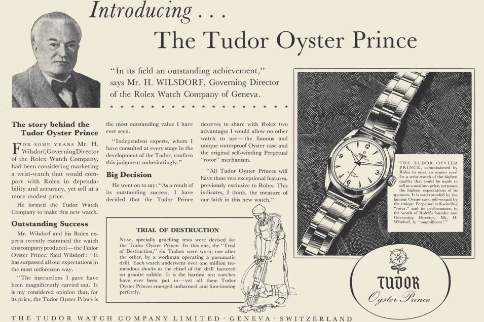 Werbeanzeige zur Tudor Oyster Prince aus 1952 mit Fotos von der Uhr und Hans Wilsdorf in schwarzweiß