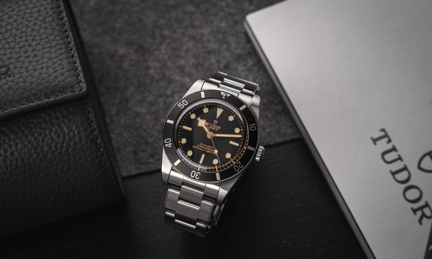 TUDOR Black Bay 54 mit schwarzem Zifferblatt am Edelstahlarmband stehend vor dunklem Hintergrund