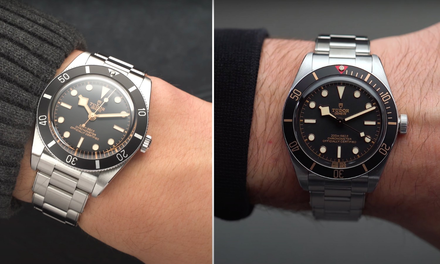 Vergleich der TUDOR Black Bay 54 mit schwarzem Zifferblatt am Edelstahlarmband links und der TUDOR Black Bay 58 mit schwarzem Zifferblatt am Edelstahlarmband rechts