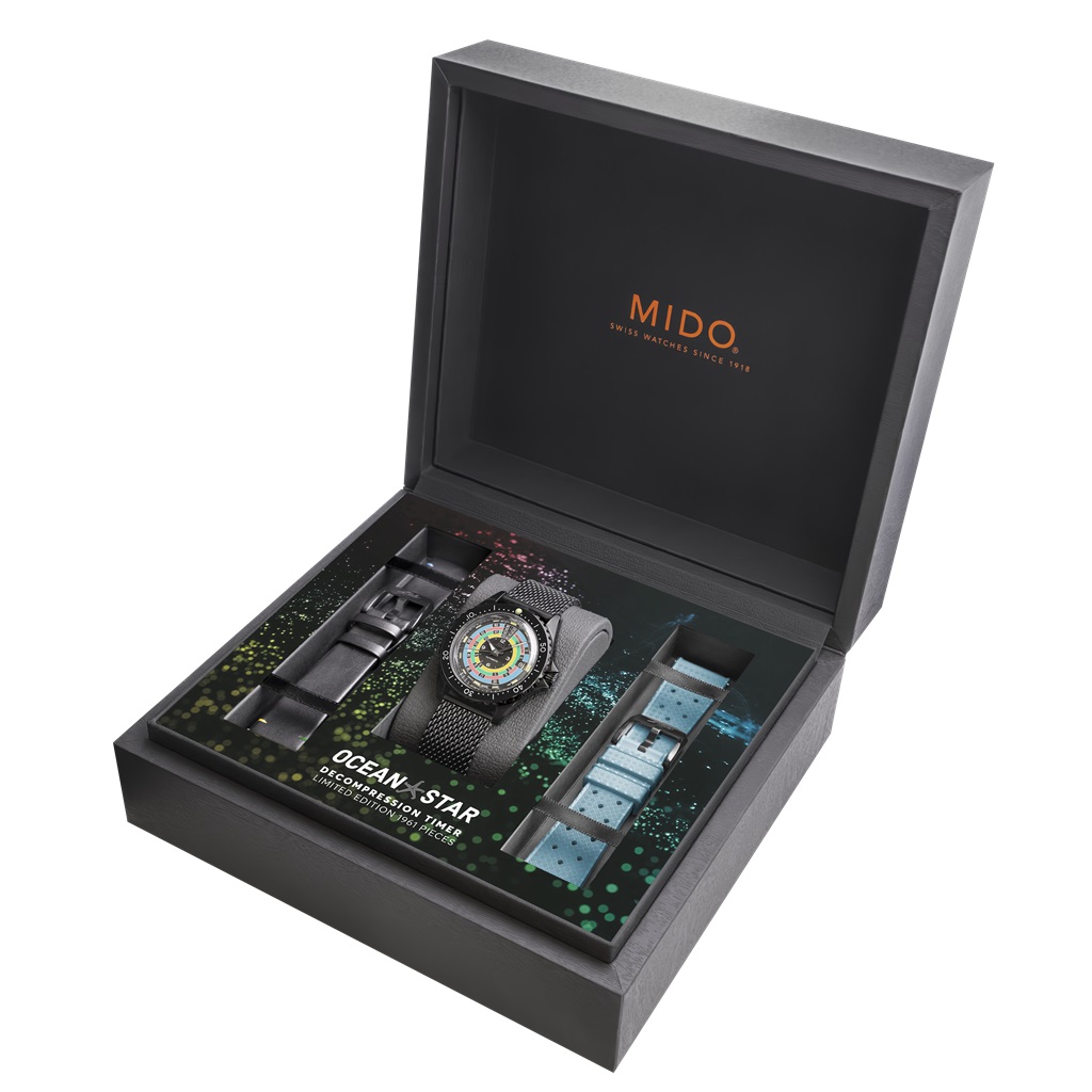 Frontansicht der MIDO Ocean Star Dekompression Timer 1961 Limited Edition in der Box.