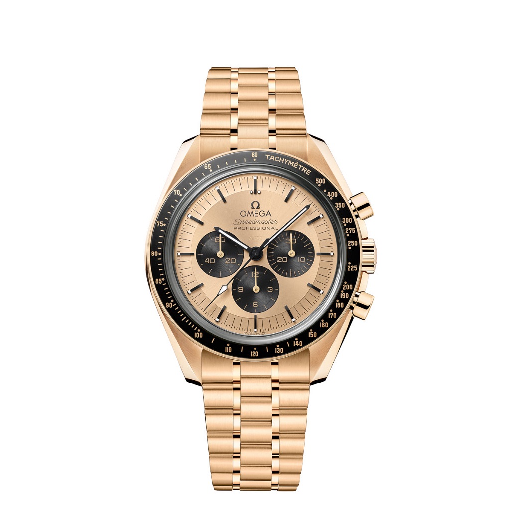 Frontansicht der OMEGA Speedmaster aus Gold.