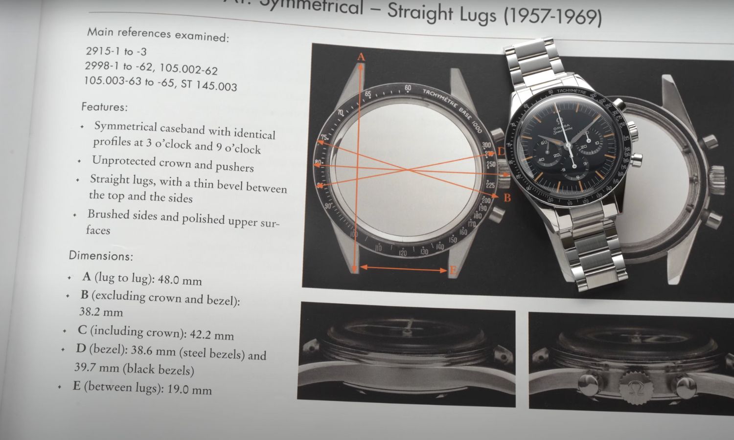 Die OMEGA Speedmaster First OMEGA in Space mit dunkelblauem Zifferblatt am Edelstahlarmband liegend auf einem OMEGA Buch mit den Abmessungen des Gehäuses