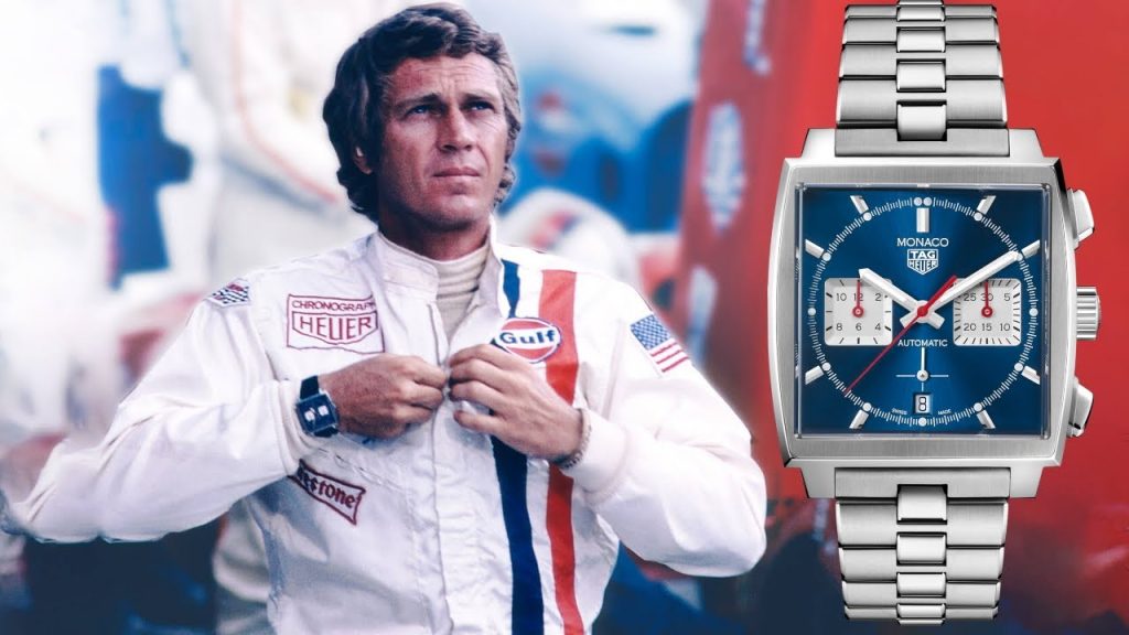 Ein Bild des Schauspielers Steve McQueen, der die TAG Heuer Monaco trägt. Daneben eine Nahaufnahme der TAG Heuer Monaco.