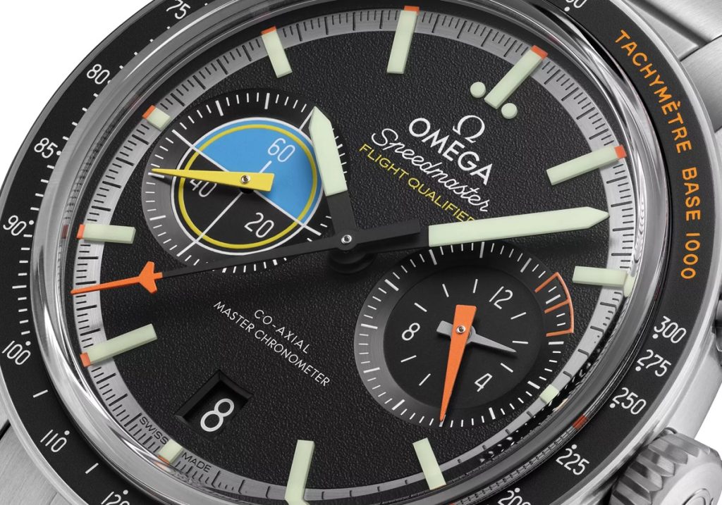 Nahaufnahme des Zifferblattes der neuen OMEGA Speedmaster Pilot.