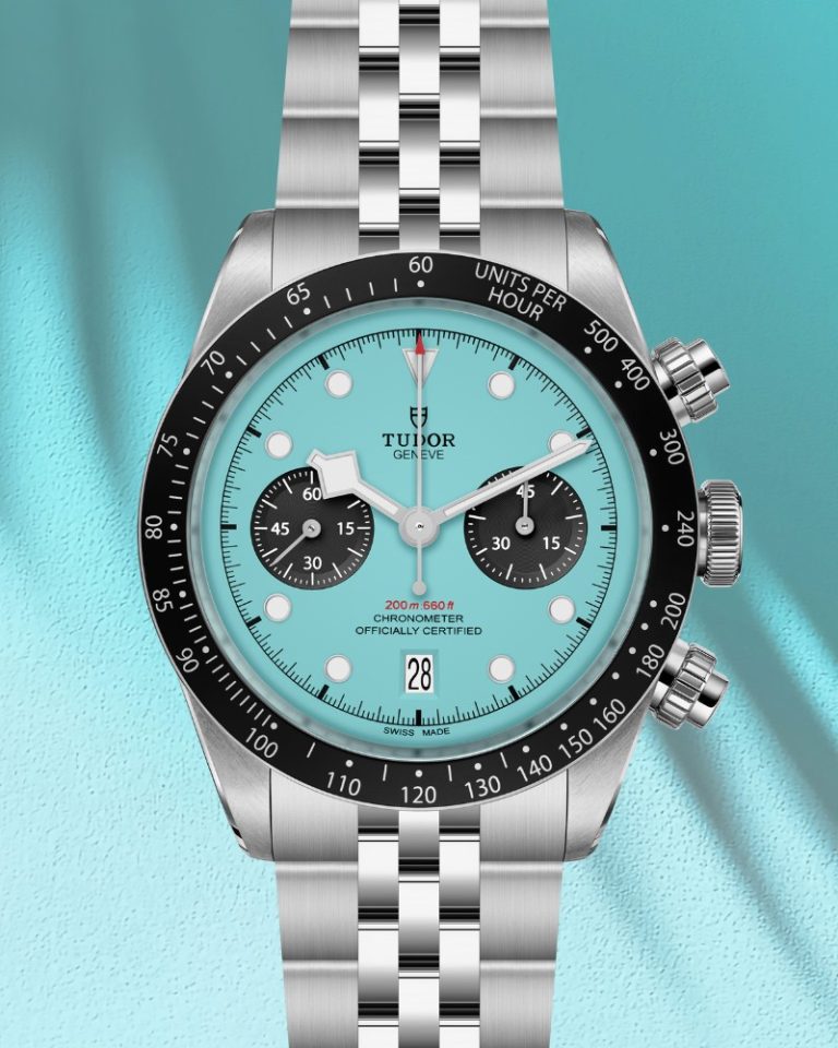 Der TUDOR Black Bay Chrono "Blue Flamingo" am Edelstahlarmband vor türkisem Hintergrund