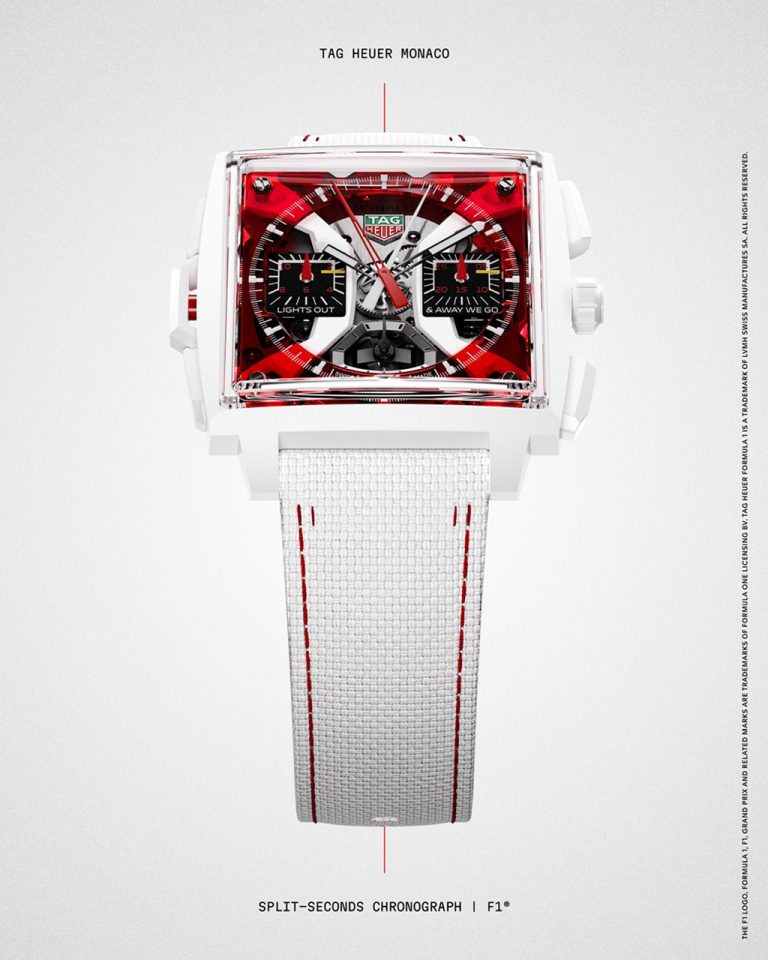 Blick von unten auf die TAG Heuer Monaco Split-Seconds Chronograph | F1® mit der Referenznummer CBW2190.FC8356.