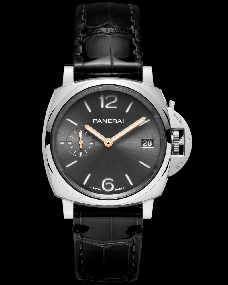Panerai Luminor Due mit grauem Zifferblatt auf schwarzem Hintergrund