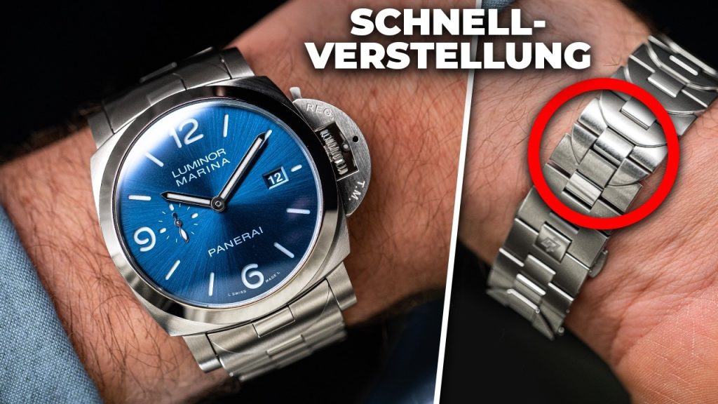 DIe Panerai Luminor Marina mit blauem Zifferblatt am Edelstahlarmband an einem Handegelenk mit blauem Ärmel getragen links und der Blick auf das Edelstahlarmband der Uhr mit roter Umkreisung rechts