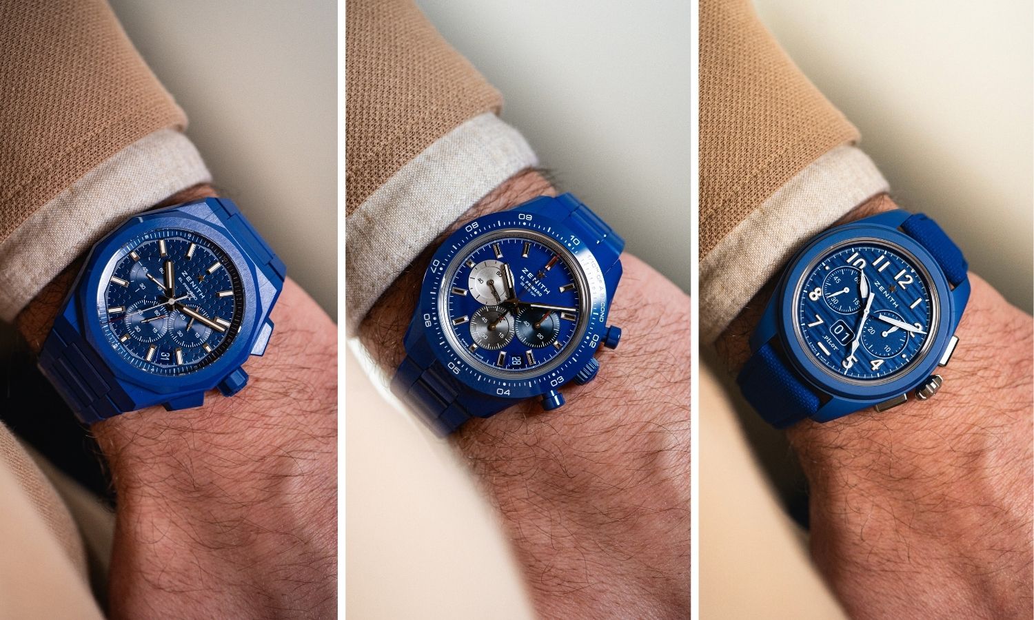 3 Modelle der Zenith 160th Anniversary Edition blaue Keramik an einem Handgelenk mit beigem Ärmel getragen