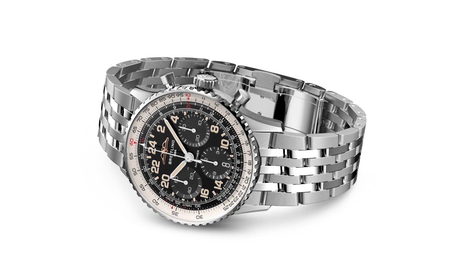 Breitling Navitimer Cosmonaute liegend mit schwarzem Zifferblatt und Edelstahlarmband vor weißem Hintergrund