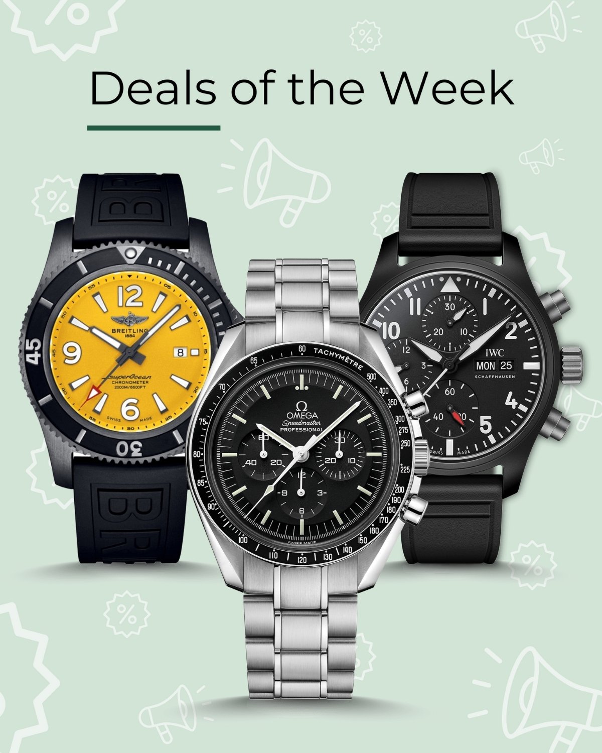 ALTHERR CPO Deals of the Week Banner mit der Breitling Superocean Automatic 46 Black Steel links, dem OMEGA Speedmaster Moonwatch Hesalit Chronograph in der Mitte und dem IWC Schaffhausen Pilot's Watch Chronograph 41 Top Gun rechts stehend vor hellgrünem Hintergrund