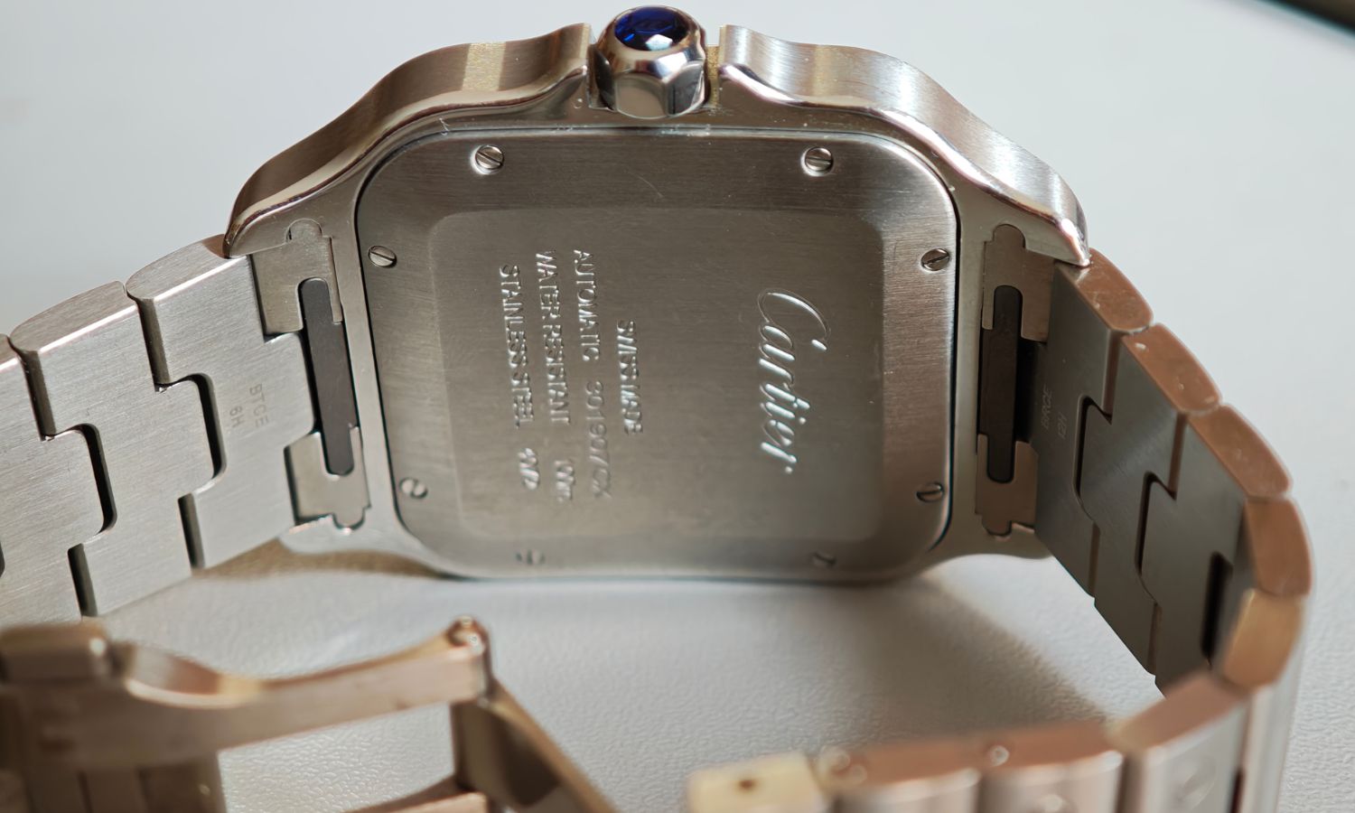 Blick von hinten auf das Stahlband und das Gehäuse der Cartier Santos de Cartier mit der Referenz WSSA0071.