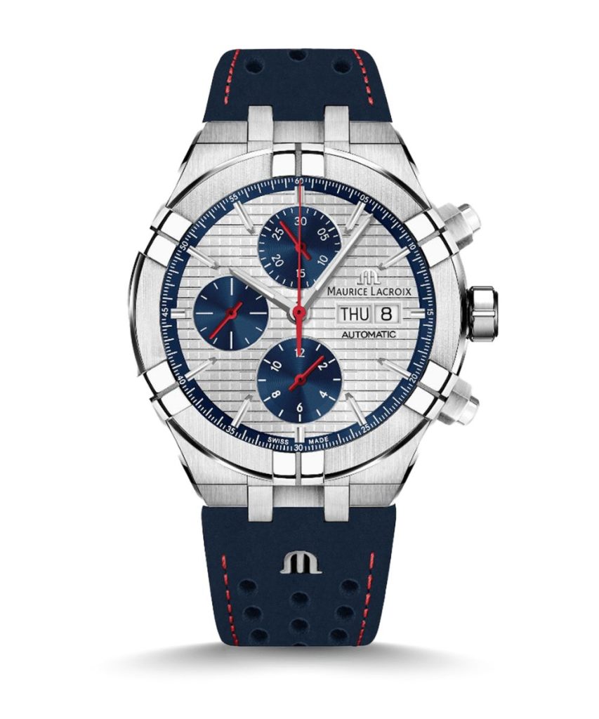 Maurice Lacroix Aikon Chronograph Limited Edition CPO mit silbernem Zifferblatt am blauen Kautschukarmband stehend vor weißem Hintergrund