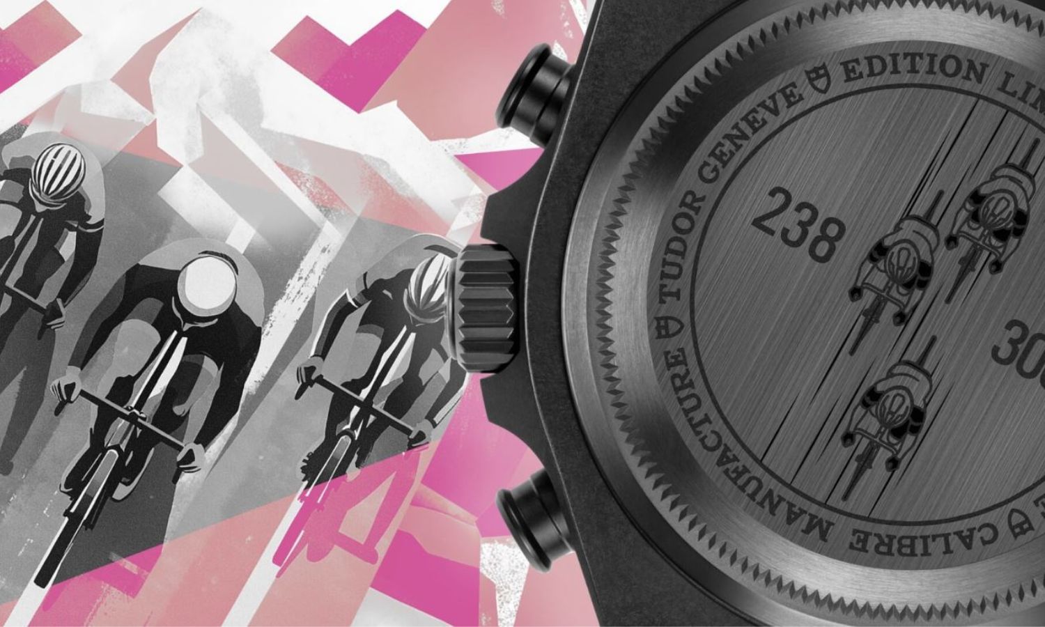 Blick auf die Rückseite der TUDOR PELAGOS FXD Chrono "Pink", links davon sind drei gezeichnete Radrennfahrer.