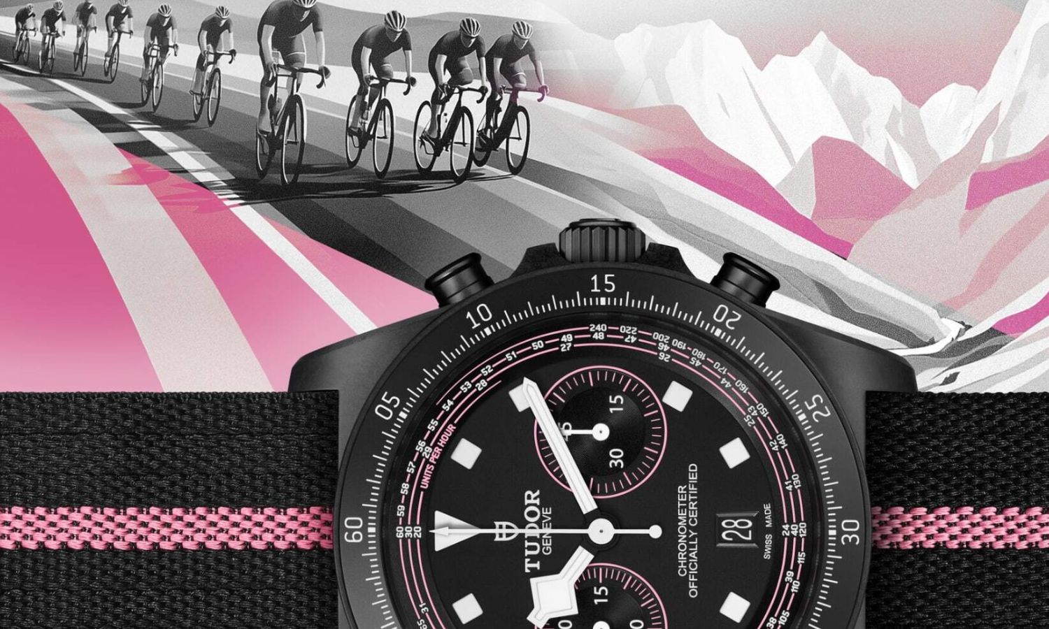 Blick auf die TUDOR PELAGOS FXD "Pink", darüber sind mehrere gezeichnete Radrennfahrer.