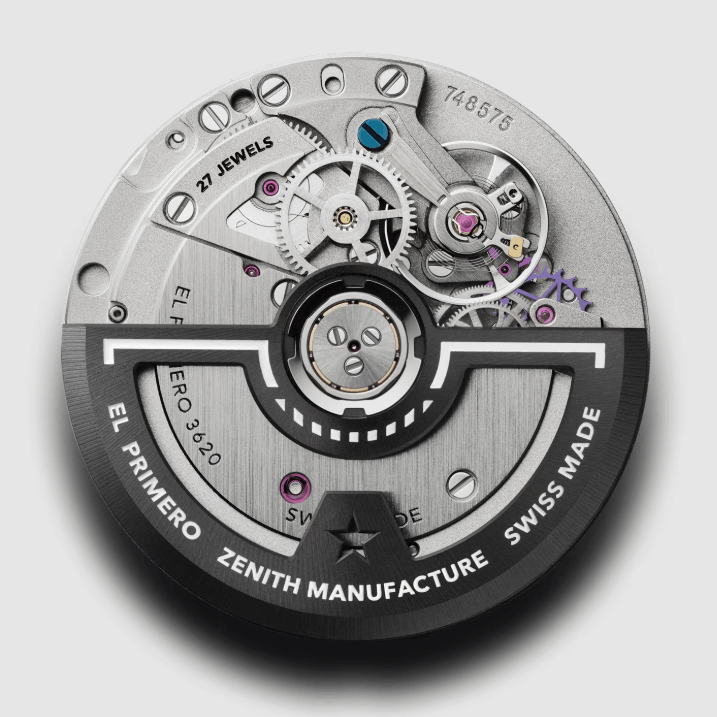 Nahaufnahme des Zenith El Primero Automatik-Kalibers 3620 vor weißem Hintergrund