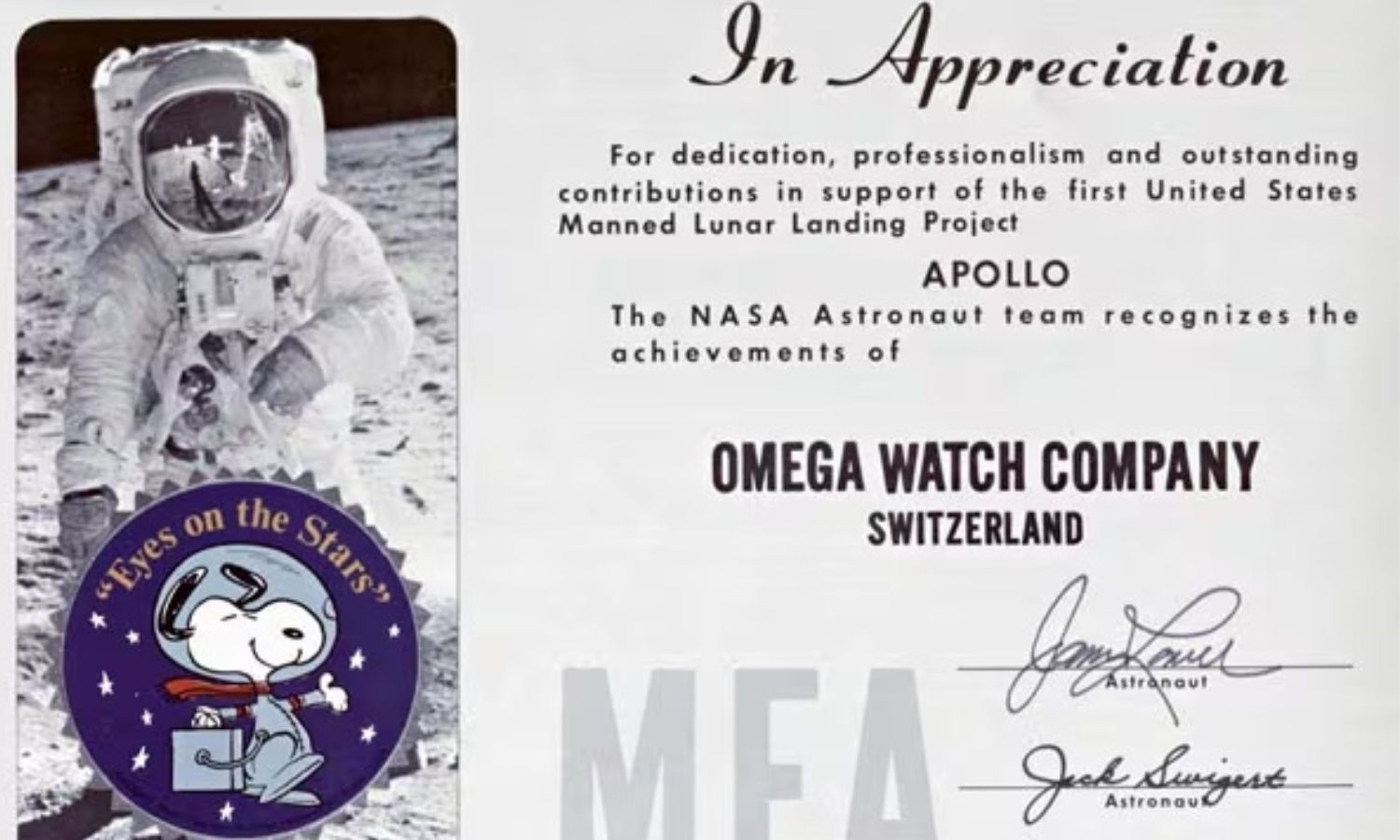 Blick auf die Urkunde des Silver Snoopy Awards, die OMEGA am 5. Oktober 1970 bekommen hat.