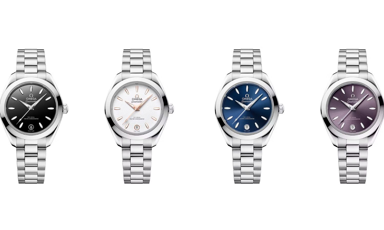 Blick von vorne auf vier unterschiedliche Modelle der neuen OMEGA Seamaster Aqua Terrror 30 mm mit einem weißen Hintergrund.
