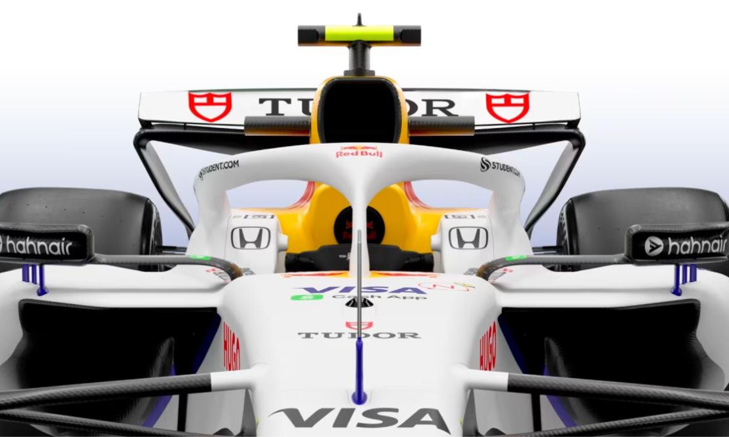 Blick von vorne auf den Fornel 1 Rennwagen des Visa App Cash Bulls Racing Teams.