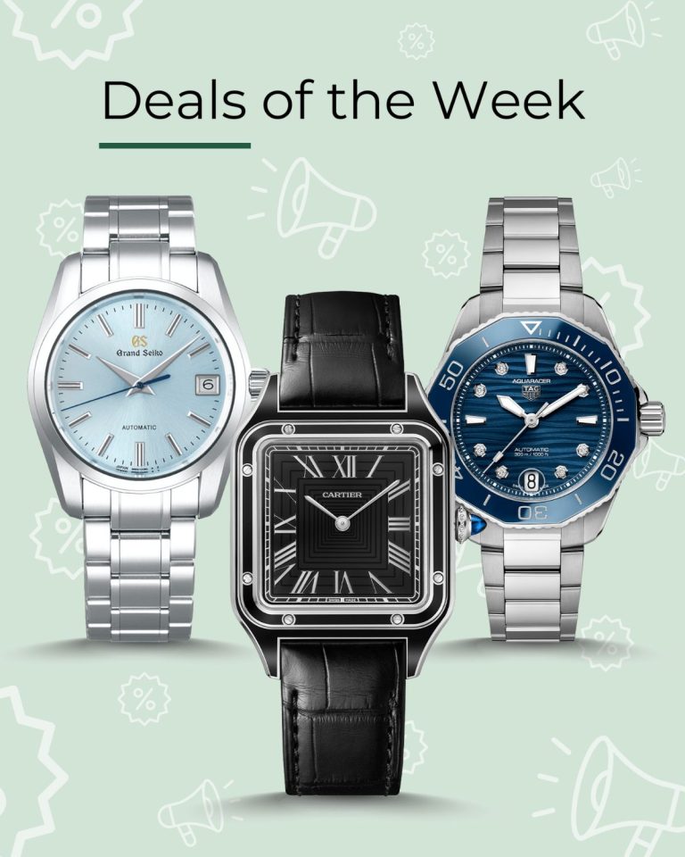 ALTHERR CPO Deals of the Week Banner mit der Grand Seiko Caliber 9S 25th Anniversary Limited Edition links, der Cartier Santos Dumont in der Mitte und der TAG HEUER Aquaracer Professional 300 rechts stehend vor hellgrünem Hintergrund