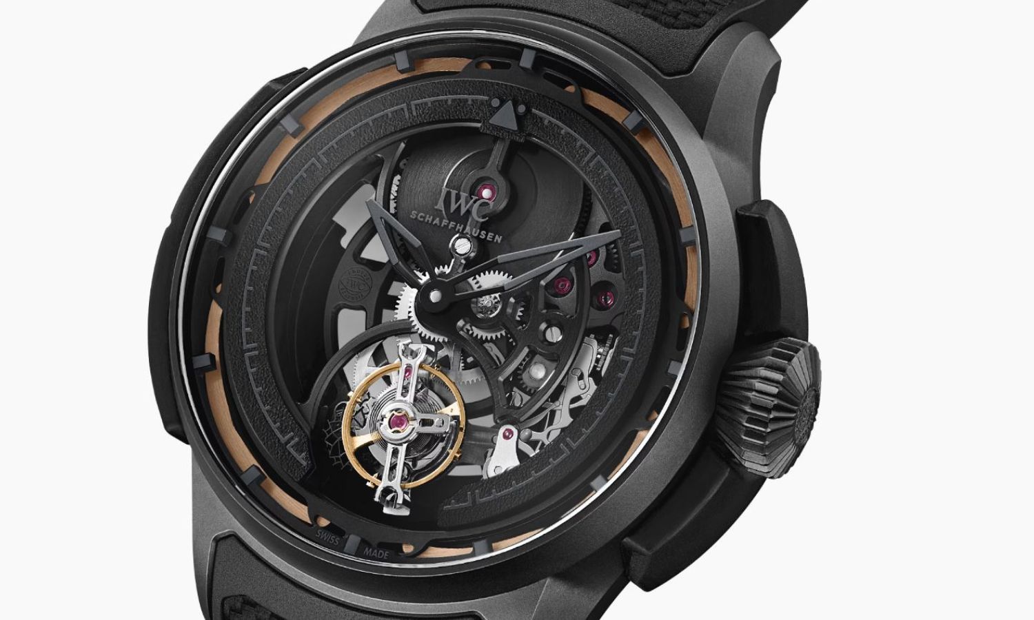 Seitlicher Blick auf die IWC Big Pilot’s Watch Shock Absorber Tourbillon Skeleton XPL.
