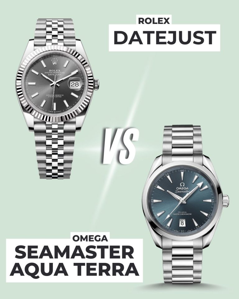Die Rolex Datejust Referenz 126334 mit grauem Zifferblatt am Edelstahlarmband links und die OMEGA Seamaster Aqua Terra 38 Referenz 220.10.38.20.03.003 mit blauem Zifferblatt am Edelstahlarmband rechts abgebildet vor grünem Hintergrund