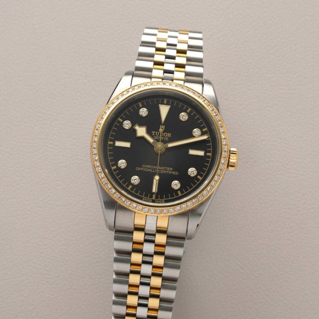 TUDOR Black Bay 36 S&G Referenz M79653-0005 mit schwarzem Zifferblatt am Edelstahlarmband stehend vor grauem Hintergrund