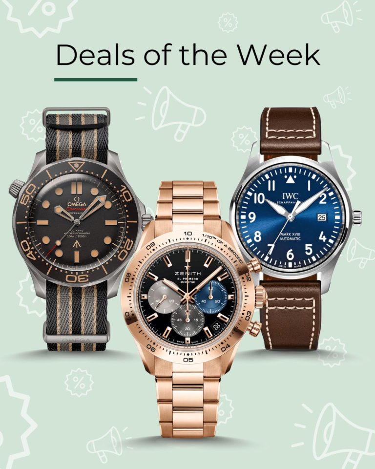 ALTHERR CPO Deals of the Week Banner mit der OMEGA Seamaster Diver 300M 42 James Bond Titan Referenz 210.92.42.20.01.001 links, der Zenith Chronomaster Sport El Primero 41 Roségold Referenz 18.3101.3600/21.M3100 in der Mitte und der IWC Schaffhausen Pilot's Watch Mark XVIII Edition Le Petit Prince Referenz IW327010 rechts stehend vor hellgrünem Hintergrund