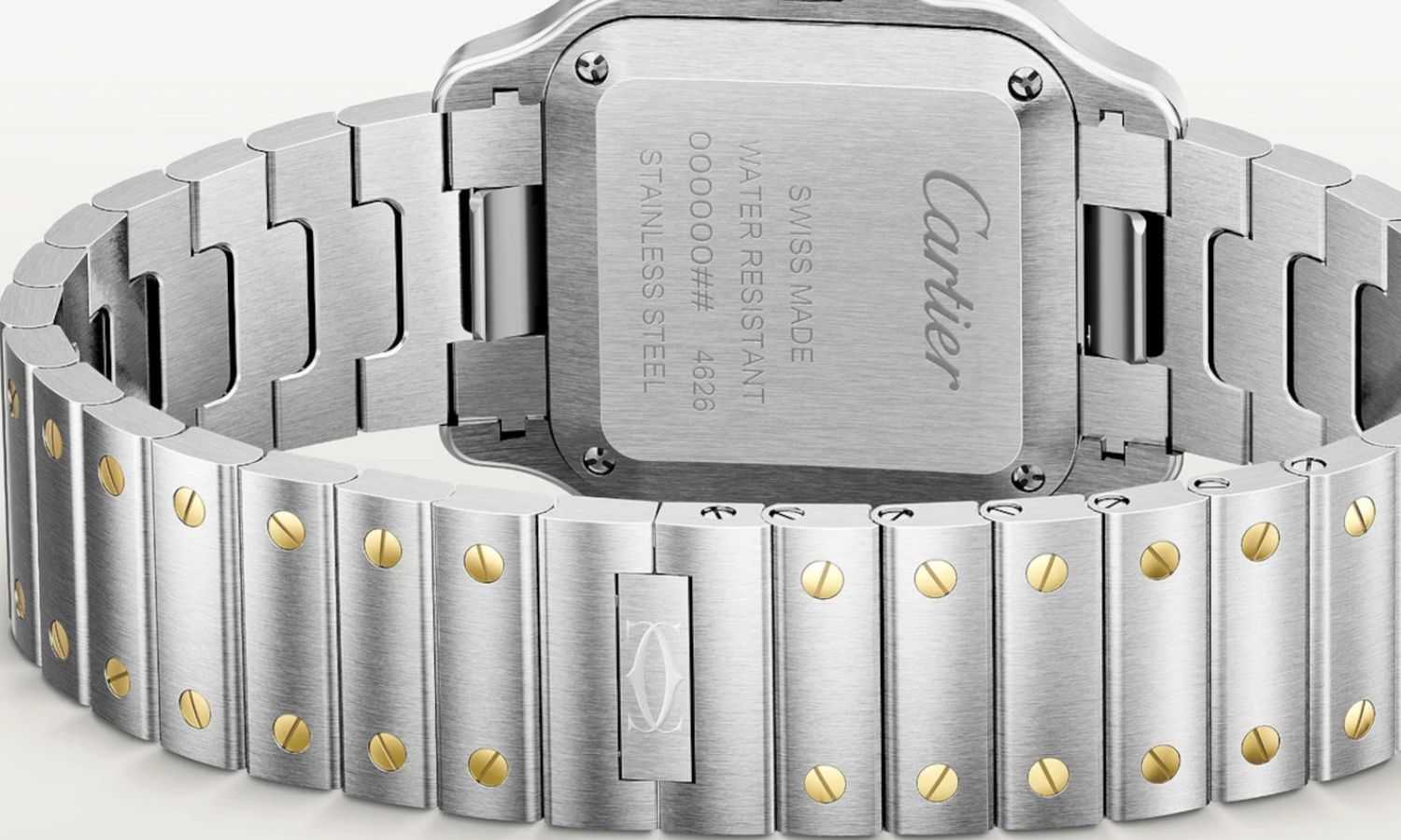 Blick auf die Rückseite der Cartier Santos de Cartier mit der Referenz mit der Referenz W2SA0033.