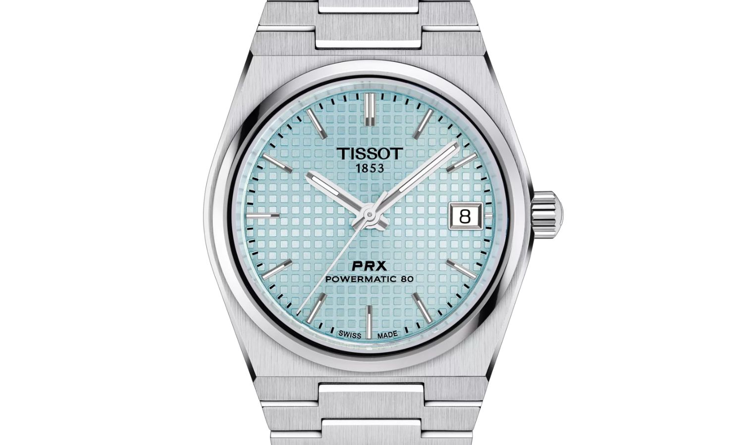 Nahaufnahme der Tissot PRX mit der Referenz T137.207.11.351.00 vor weißem Hintergrund.