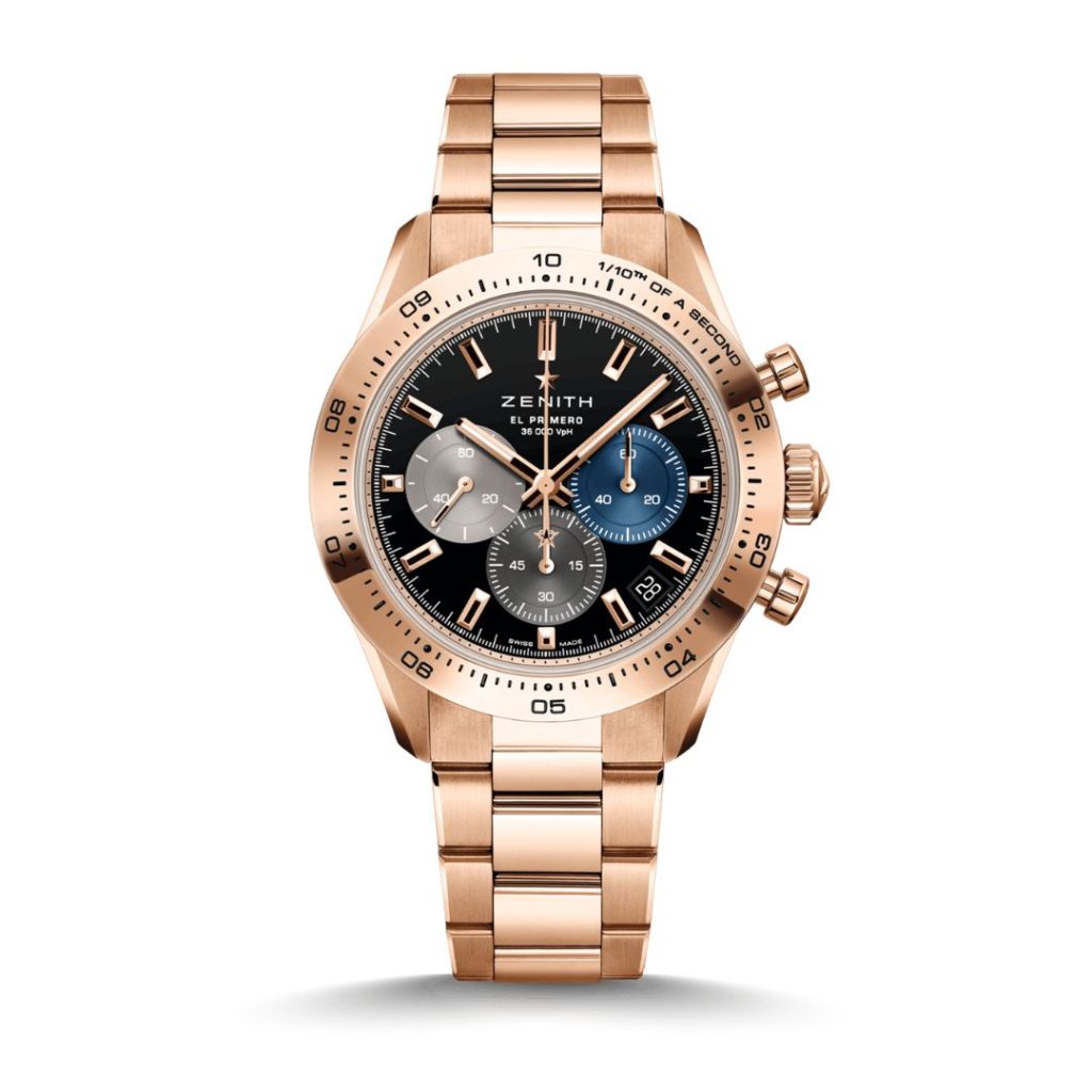 Zenith Chronomaster Sport El Primero 41 Roségold Referenz 18.3101.3600/21.M3100 mit schwarzem Zifferblatt am roségoldenen Armband stehend vor weißem Hintergrund