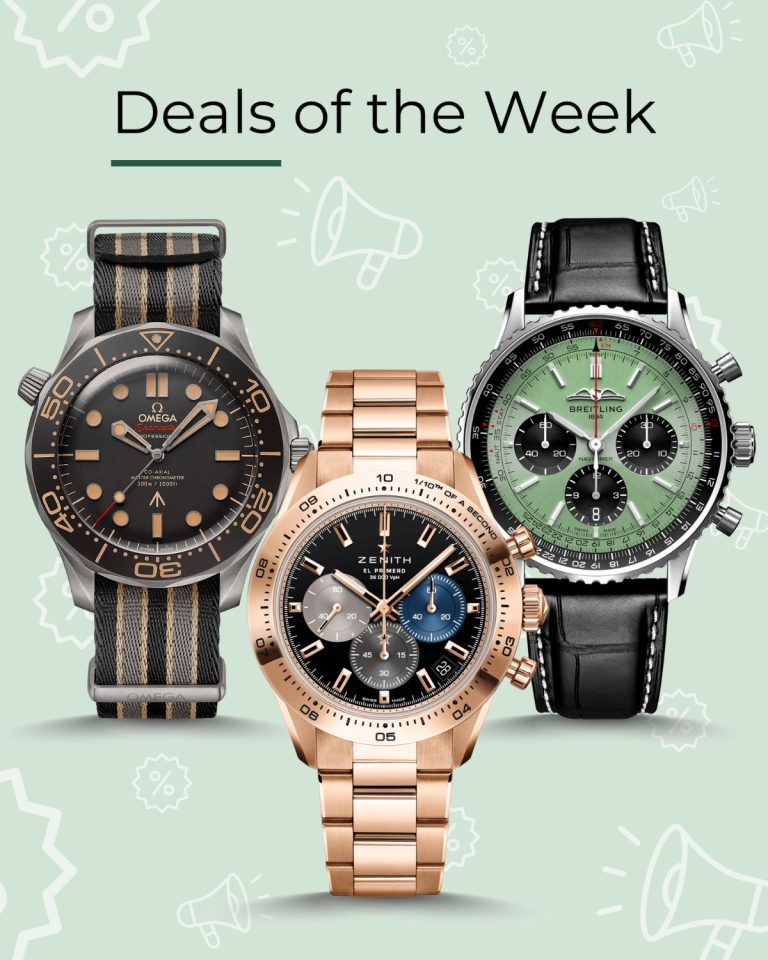 ALTHERR CPO Deals of the Week Banner mit der OMEGA Seamaster Diver 300M 42 James Bond Titan Referenz 210.92.42.20.01.001 links, der Zenith Chronomaster Sport El Primero 41 Roségold Referenz 18.3101.3600/21.M3100 in der Mitte und der Breitling Navitimer B01 Chronograph 43 Referenz AB0138241L1P1 rechts stehend vor hellgrünem Hintergrund