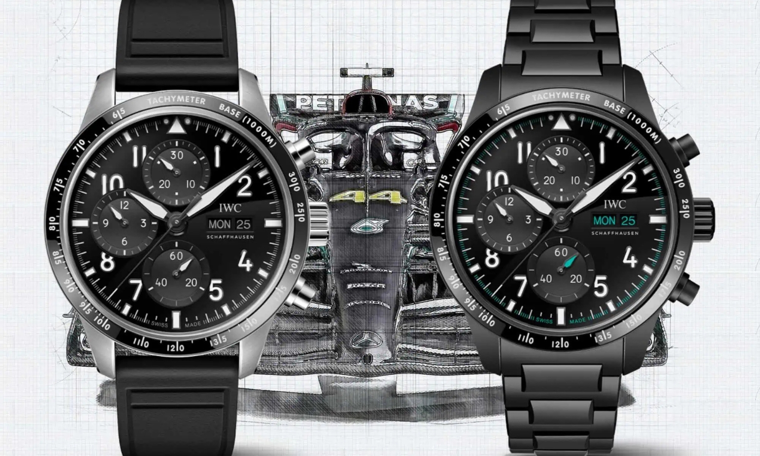 Links die IWC Schaffhausen Pilot's Watch Performance Chronograph 41 AMG, Referenz IW388305 & rechts die Pilot’s Watch Performance Chronograph 41 Mercedes-AMG PETRONAS Formula One™ Team, Referenz IW388306, im Hintergrund der F1-Rennwagen mit der Nr. 44 von Lewis Hamilton