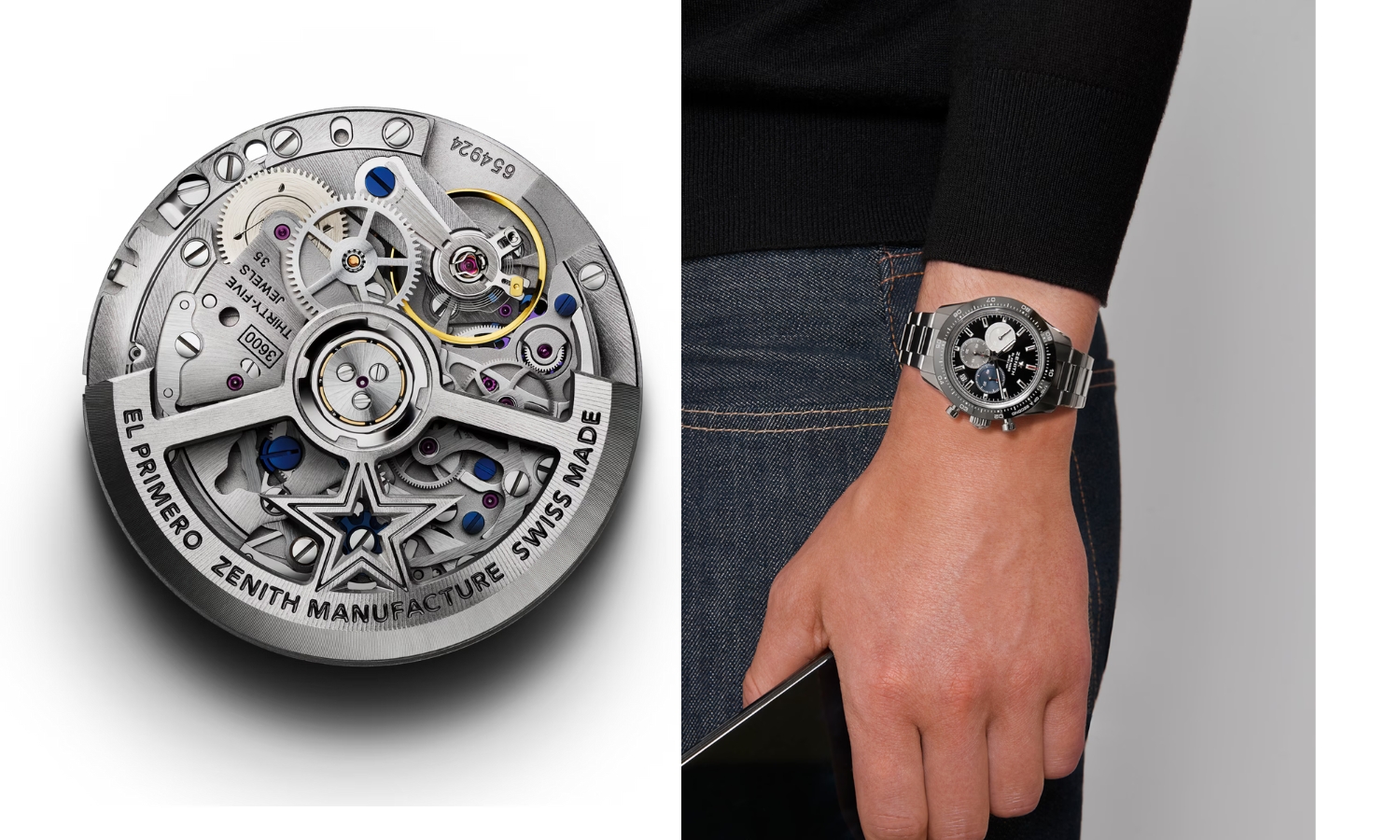 links ist das El Primero Uhrwerk 3600 abgebildet und rechts die Zenith Chronomaster Sport El Primero 41, Referenz: 03.3100.3600/21.M3100 getragen am linken Handgelenk