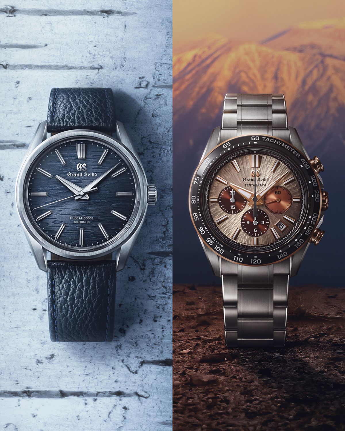 Grand Seiko SLGW007 Moonlit Birch mit blauem Zifferblatt am blauen Rindslederarmband liegend von vorne abgebildet vor hellblauem Hintergrund links und Grand Seiko SLGC006 Sunrise Tentagraph mit kupferfarbenem Zifferblatt am Edelstahlarmband von vorne abgebildet vor einem Berg im Hintergrund rechts
