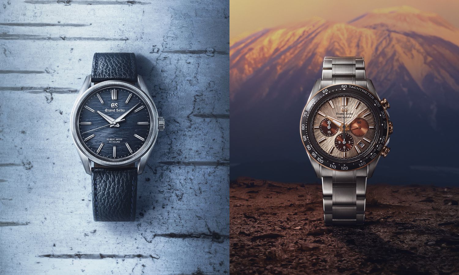 Grand Seiko SLGW007 Moonlit Birch mit blauem Zifferblatt am blauen Rindslederarmband liegend von vorne abgebildet vor hellblauem Hintergrund links und Grand Seiko SLGC006 Sunrise Tentagraph mit kupferfarbenem Zifferblatt am Edelstahlarmband von vorne abgebildet vor einem Berg im Hintergrund rechts