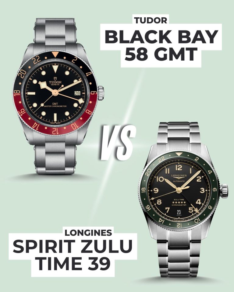 Die TUDOR Black Bay 58 GMT Referenz M7939G1A0NRU-0001 mit schwarzem Zifferblatt am Edelstahlarmband links und die Longines Spirit Zulu Time 39 Referenz L3.802.4.63.6 mit schwarzem Zifferblatt am Edelstahlarmband rechts abgebildet vor grünem Hintergrund