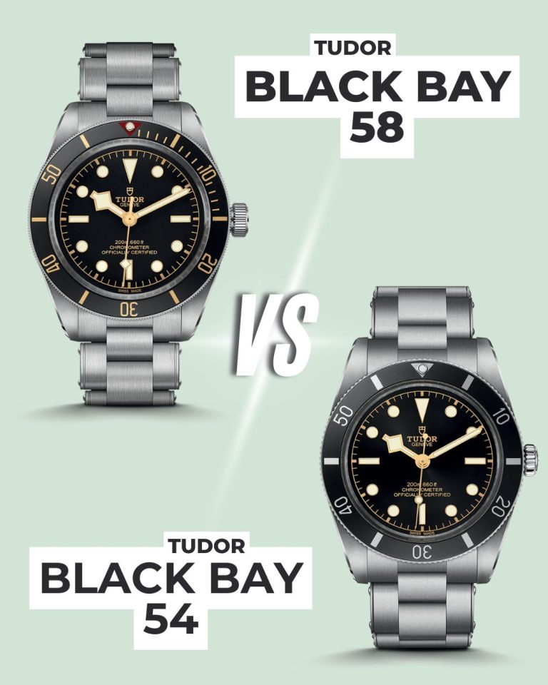 Die TUDOR Black Bay 58 Referenz M79030N-0001 mit schwarzem Zifferblatt am Edelstahlarmband links und die TUDOR Black Bay 54 Referenz M79000N-0001 mit schwarzem Zifferblatt am Edelstahlarmband rechts abgebildet vor grünem Hintergrund