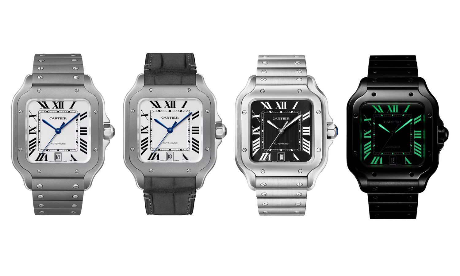 Cartier Santos Titan Modelle links und Black Steel Modelle rechts stehend abgebildet vor weißem Hintergrund