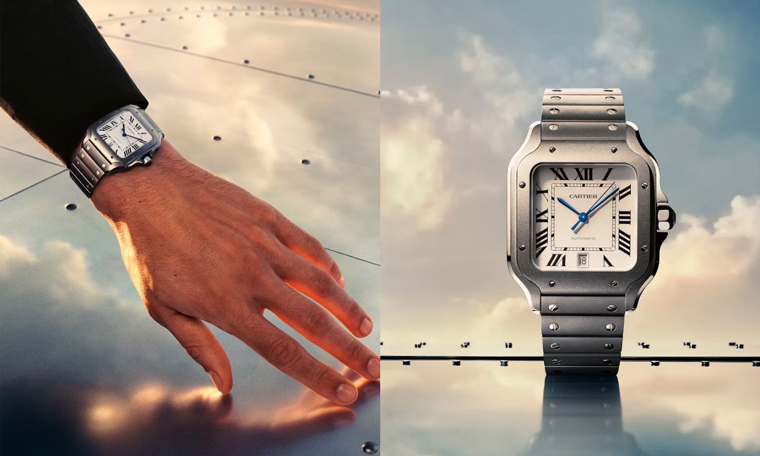 Cartier Santos Referenz WSSA0089 mit Titangehäuse, Titanarmband und weißem Zifferblatt an einem Handgelenk mit schwarzem Ärmel getragen links und stehend auf einem Metallboden vor blauem Himmel mit Wolken rechts