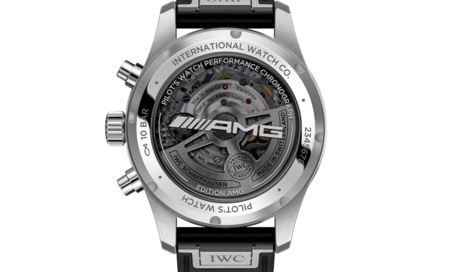 Das IWC-Manufakturkaliber 69385 der IWC Schaffhausen Pilot's Watch Performance Chronograph 41 AMG abgebildet vor weißem Hintergrund