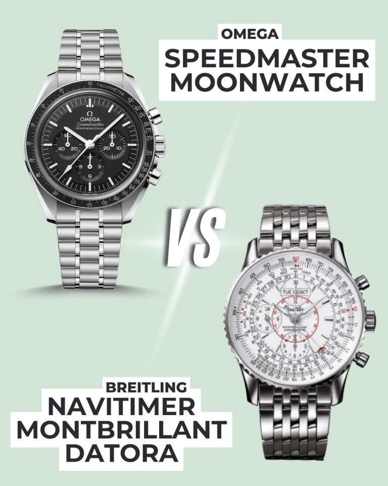Die OMEGA Speedmaster Professional Moonwatch Saphir Referenz 310.30.42.50.01.002 mit schwarzem Zifferblatt am Edelstahlarmband links und die Breitling Navitimer Montbrillant Datora Referenz A21330 mit weißem Zifferblatt am Edelstahlarmband rechts abgebildet vor grünem Hintergrund